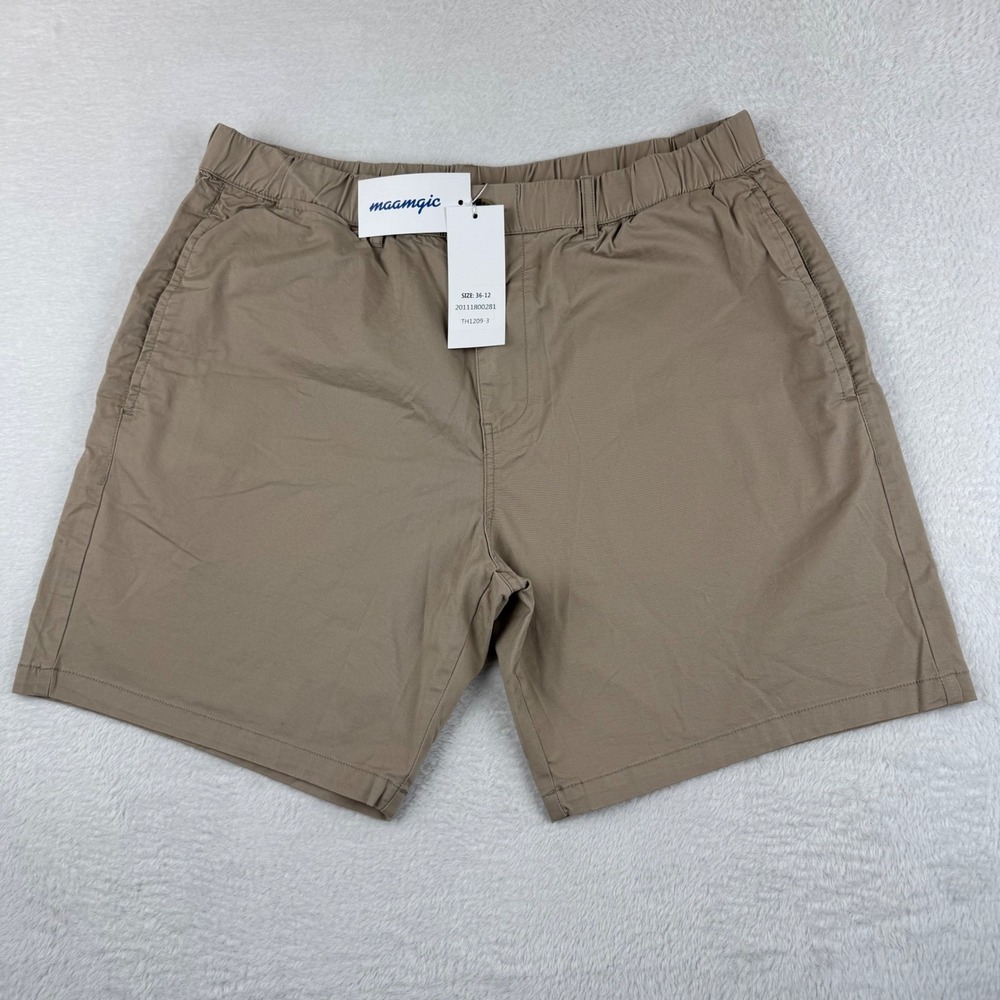 NWT Maamgic Chino Shorts Men 36 Khaki Tan Elastic Waist Cotton Spandex Belt Loop